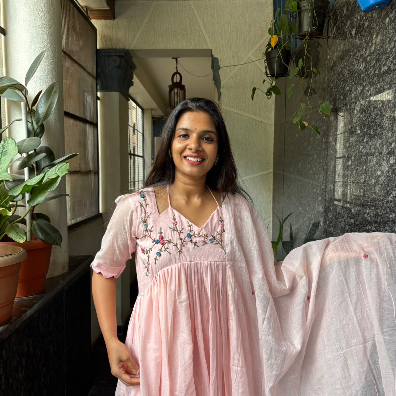 Blush Pink Mul Chanderi Alia Cut Kurti Set