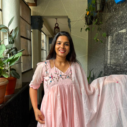 Blush Pink Mul Chanderi Alia Cut Kurti Set