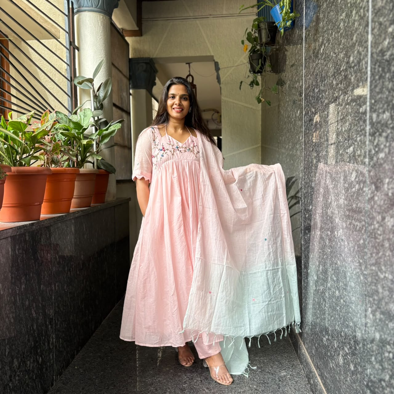 Blush Pink Mul Chanderi Alia Cut Kurti Set