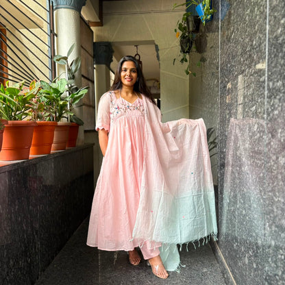 Blush Pink Mul Chanderi Alia Cut Kurti Set