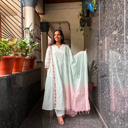 Mint Green Mul Chanderi A-Line Kurta Set