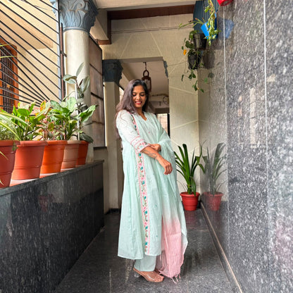 Mint Green Mul Chanderi A-Line Kurta Set
