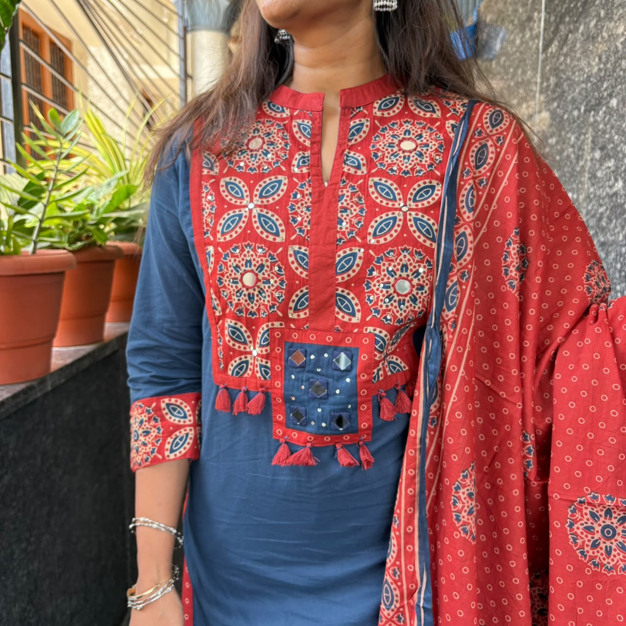 Indigo Ajrakh Mirror Work Cotton Set with Dupatta