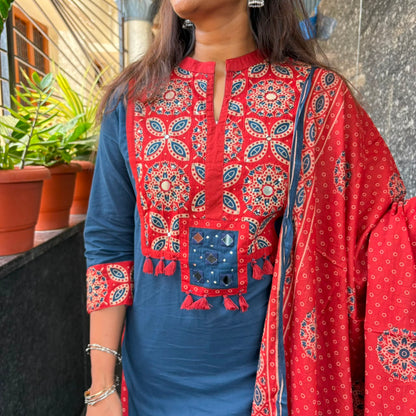 Indigo Ajrakh Mirror Work Cotton Set with Dupatta