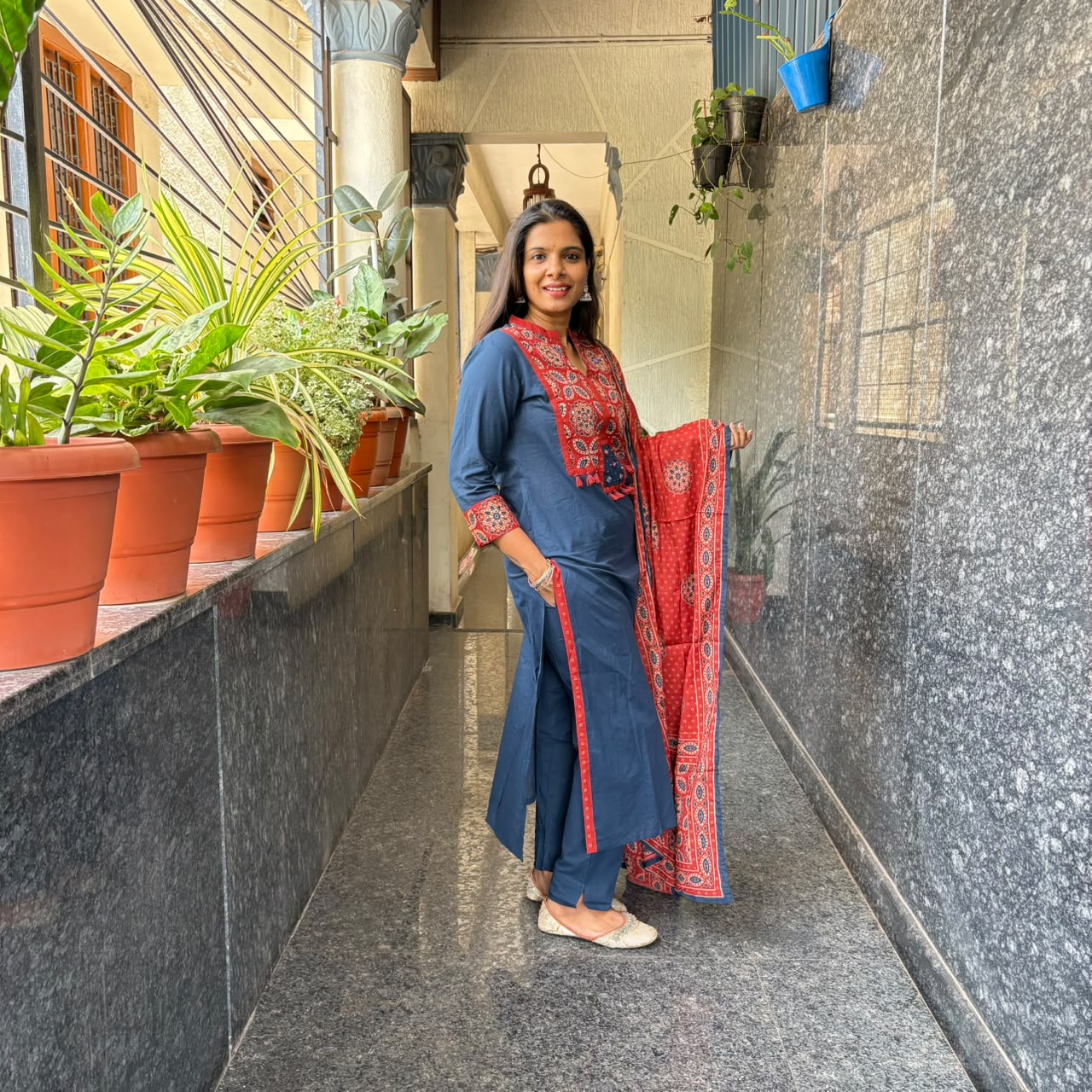 Indigo Ajrakh Mirror Work Cotton Set with Dupatta