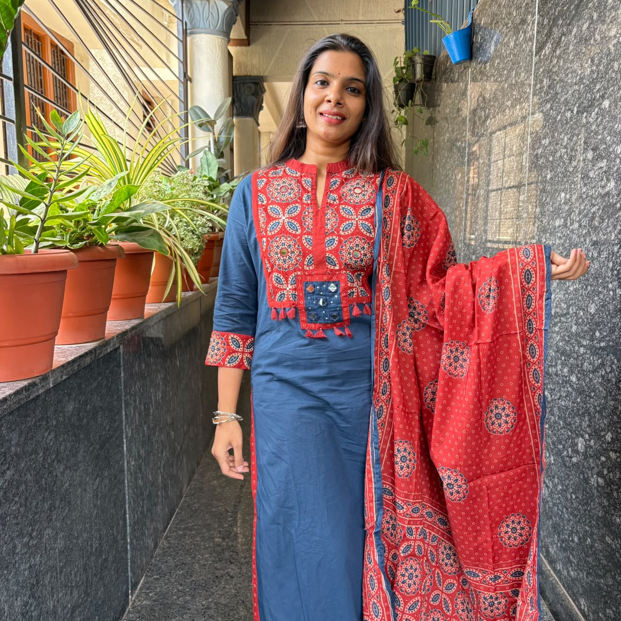 Indigo Ajrakh Mirror Work Cotton Set with Dupatta