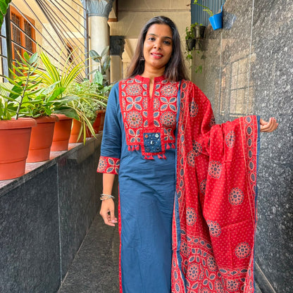 Indigo Ajrakh Mirror Work Cotton Set with Dupatta