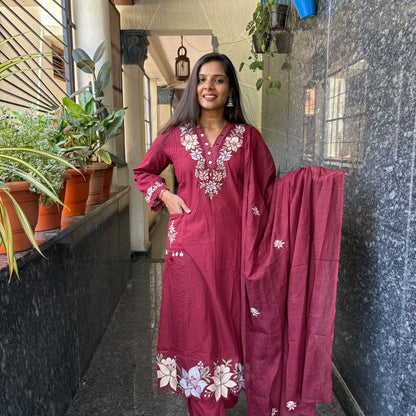 Maroon Floral Embroidered Cotton Kurta Set with Mul Cotton Dupatta