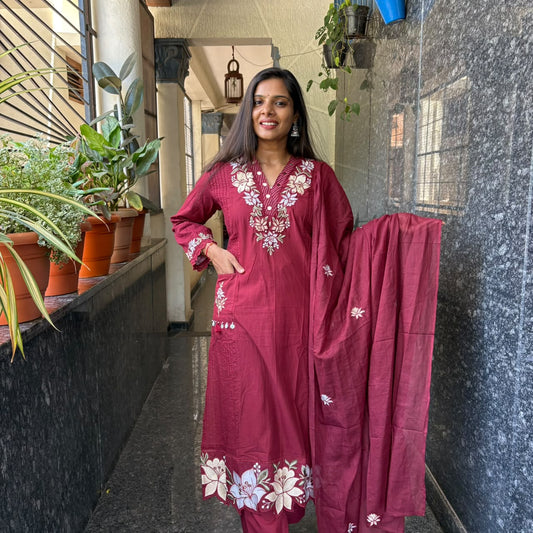 Maroon Floral Embroidered Cotton Kurta Set with Mul Cotton Dupatta