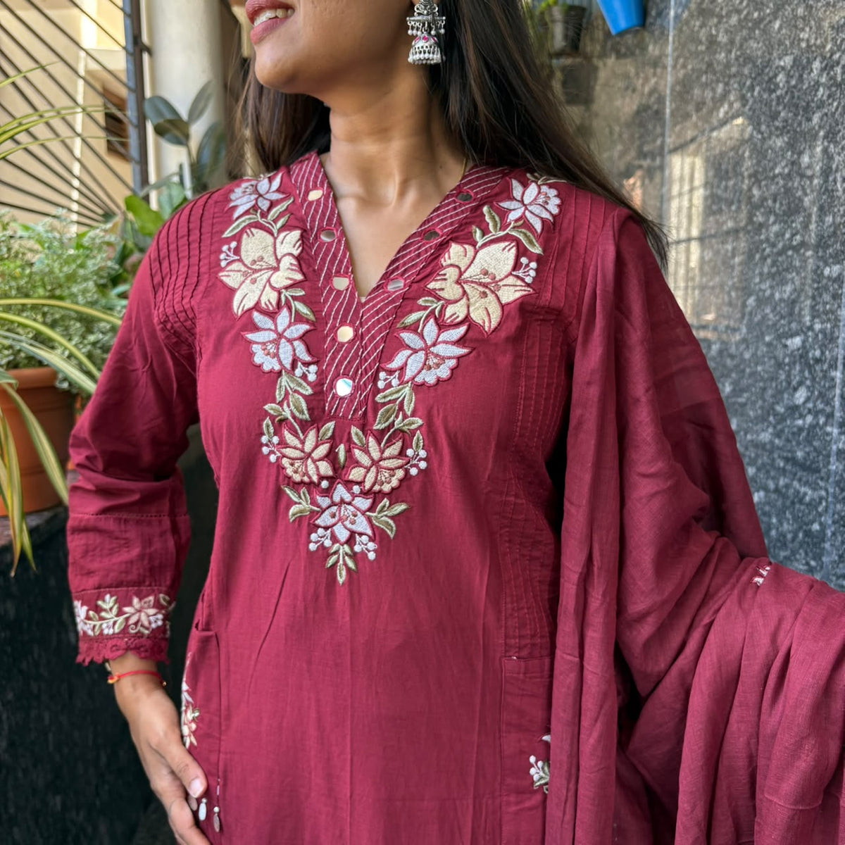 Maroon Floral Embroidered Cotton Kurta Set with Mul Cotton Dupatta