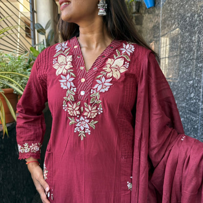 Maroon Floral Embroidered Cotton Kurta Set with Mul Cotton Dupatta