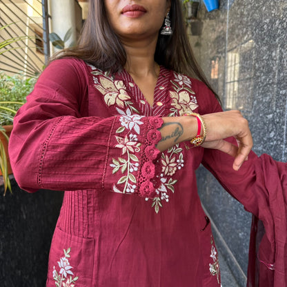 Maroon Floral Embroidered Cotton Kurta Set with Mul Cotton Dupatta
