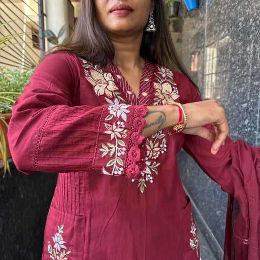 Maroon Floral Embroidered Cotton Kurta Set with Mul Cotton Dupatta