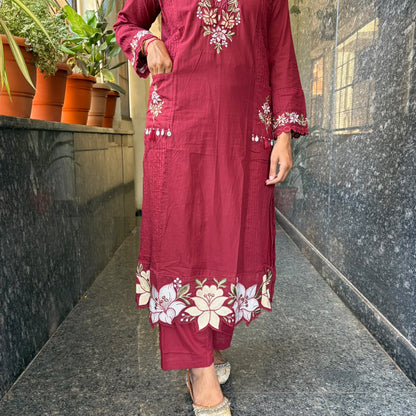 Maroon Floral Embroidered Cotton Kurta Set with Mul Cotton Dupatta