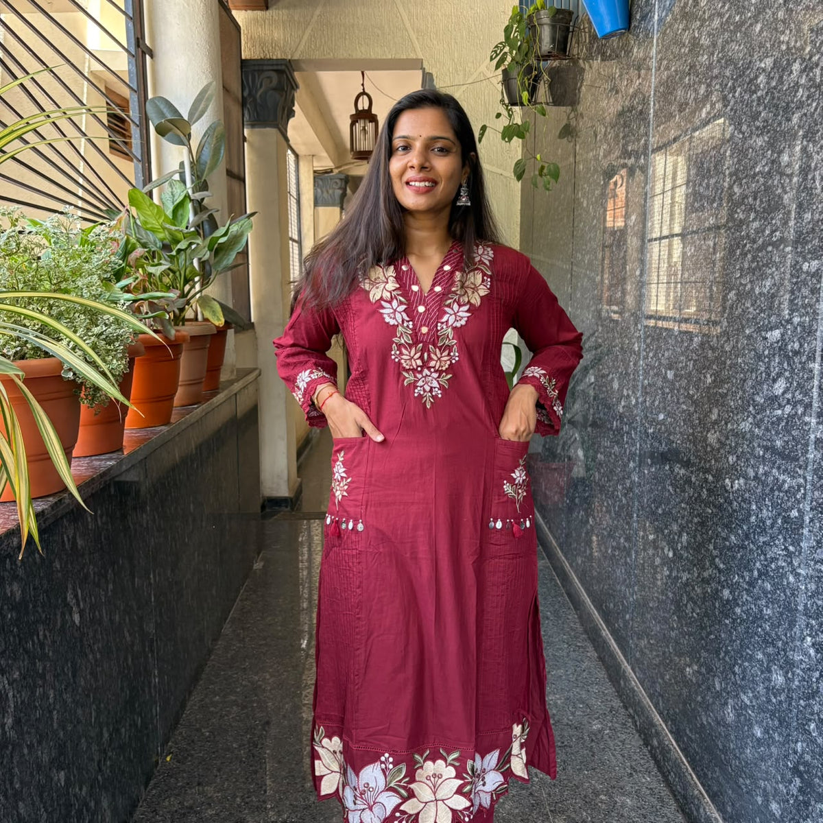 Maroon Floral Embroidered Cotton Kurta Set with Mul Cotton Dupatta