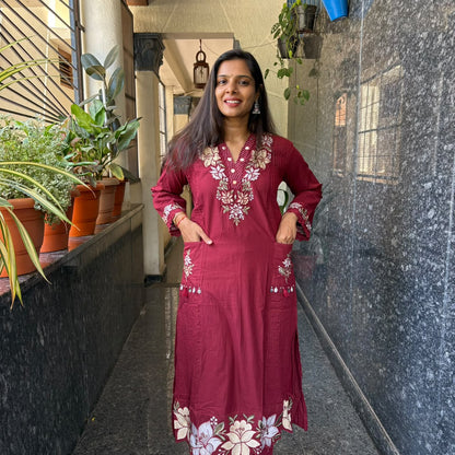 Maroon Floral Embroidered Cotton Kurta Set with Mul Cotton Dupatta