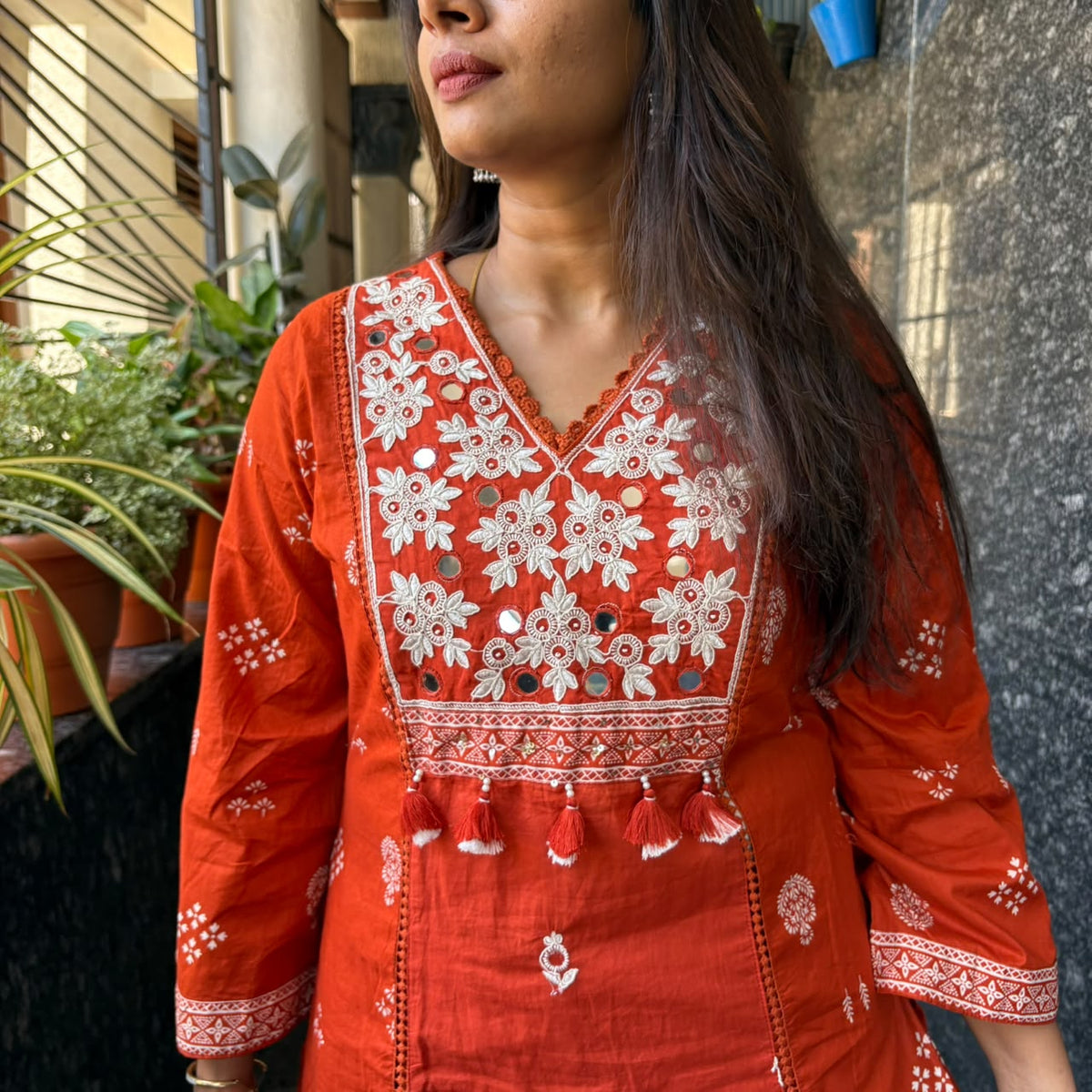 Russet Bloom Mirror Work Cotton Co-ord Set