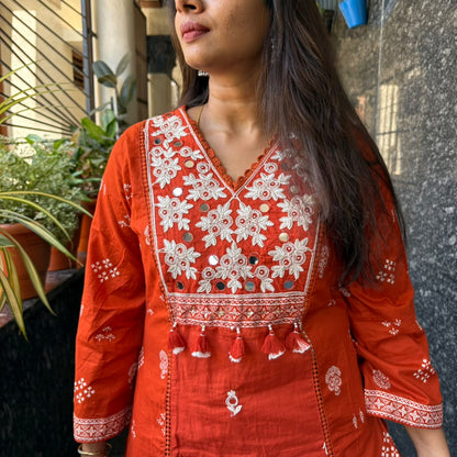 Russet Bloom Mirror Work Cotton Co-ord Set