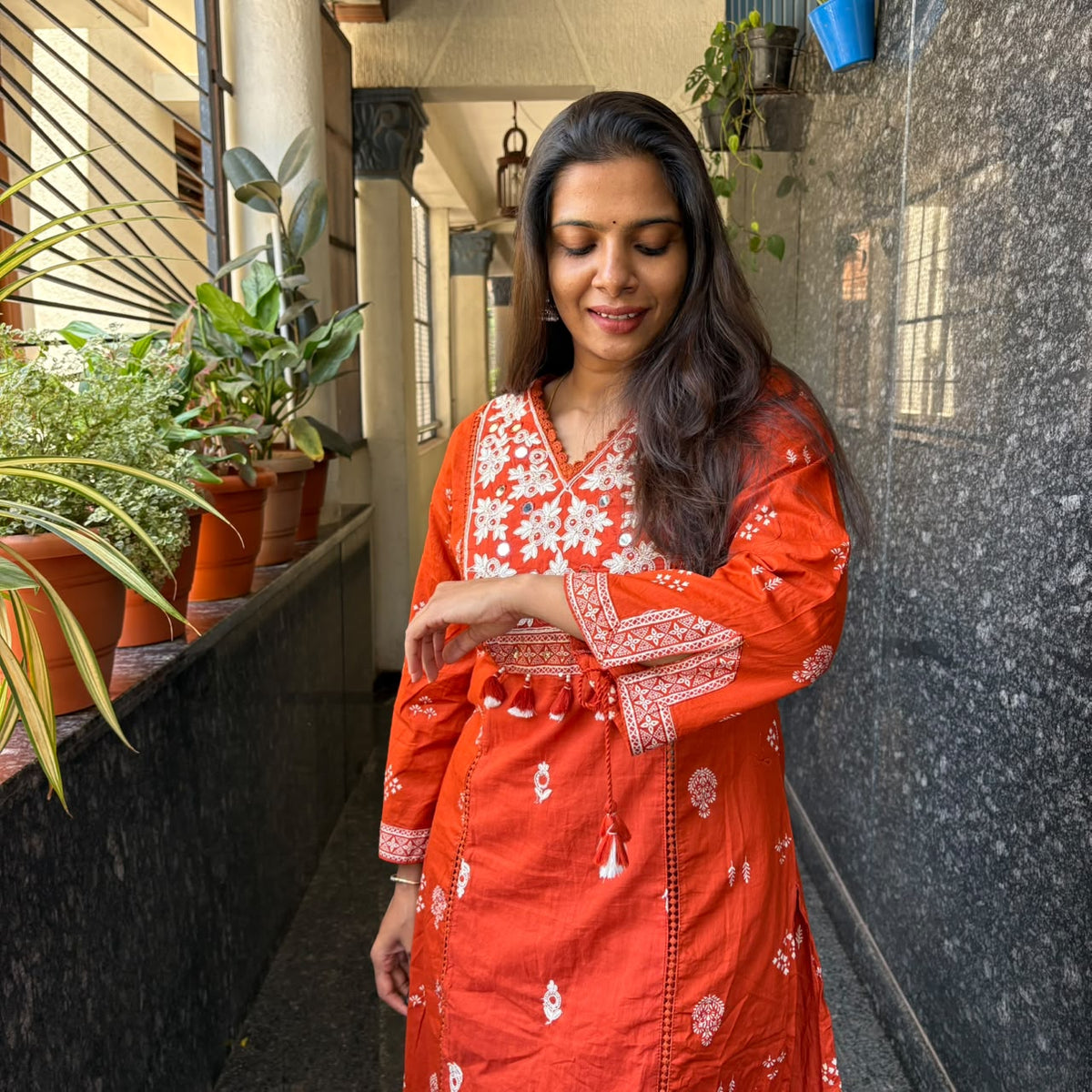 Russet Bloom Mirror Work Cotton Co-ord Set