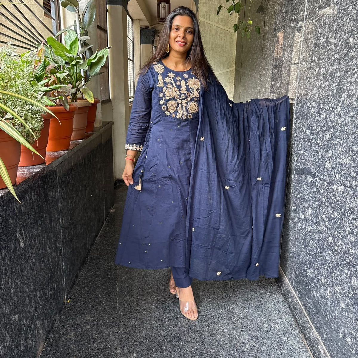 Royal Blue Mul Cotton Embroidered Kurta Set with Dupatta