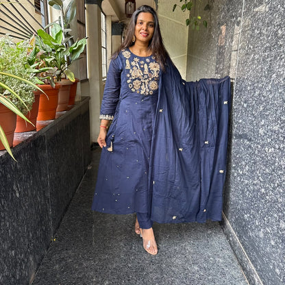Royal Blue Mul Cotton Embroidered Kurta Set with Dupatta