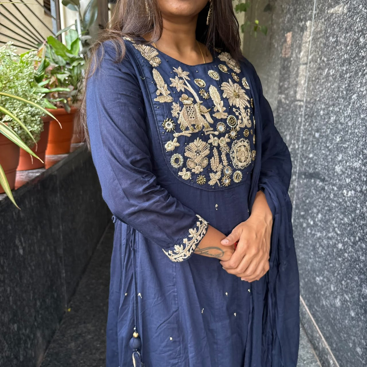 Royal Blue Mul Cotton Embroidered Kurta Set with Dupatta