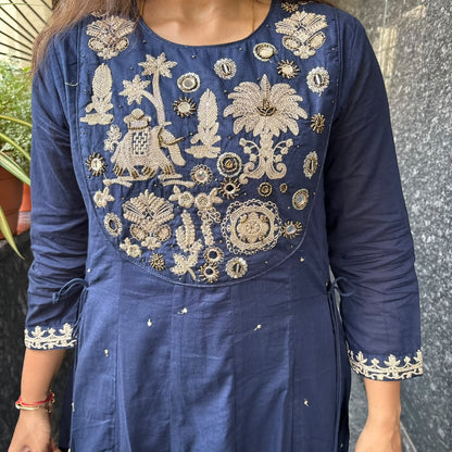 Royal Blue Mul Cotton Embroidered Kurta Set with Dupatta