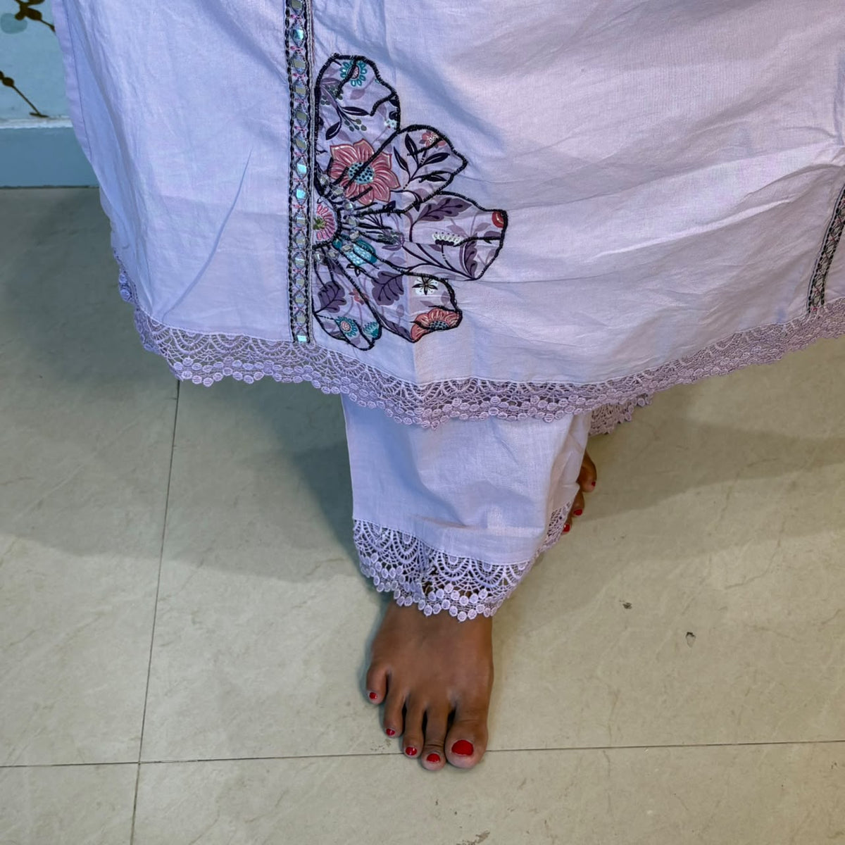 Lavender Whisper Embroidered Cotton Kurti Set with Mul Cotton Dupatta