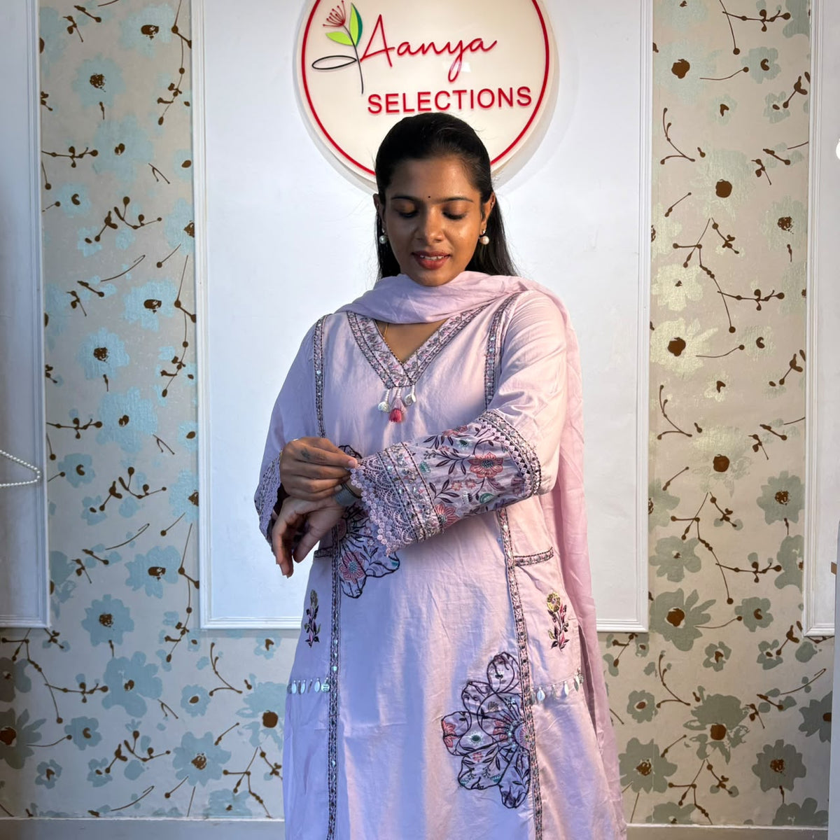 Lavender Whisper Embroidered Cotton Kurti Set with Mul Cotton Dupatta