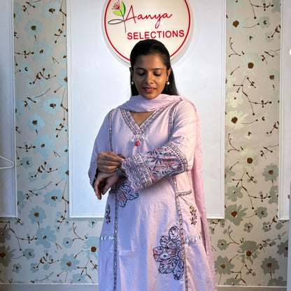 Lavender Whisper Embroidered Cotton Kurti Set with Mul Cotton Dupatta