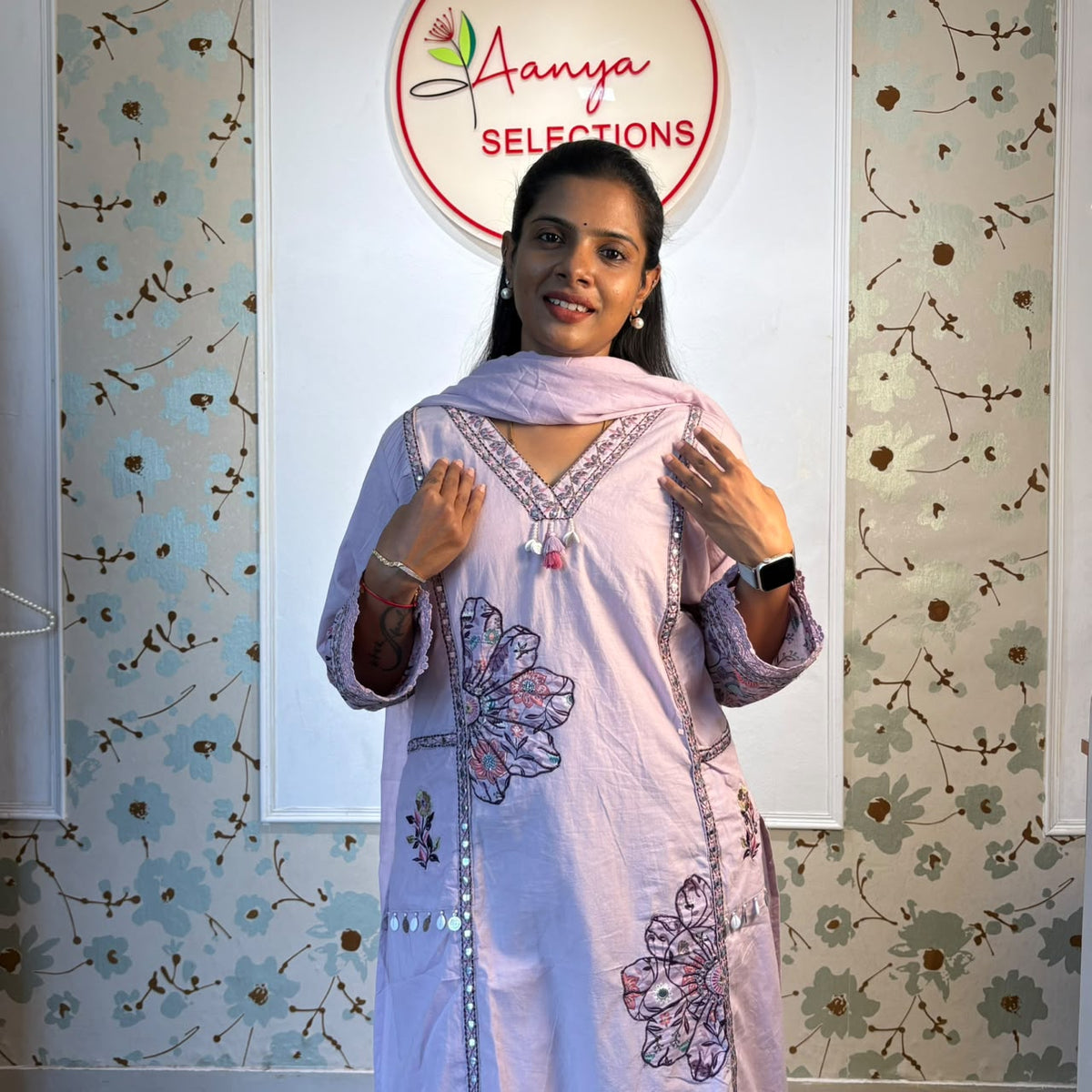 Lavender Whisper Embroidered Cotton Kurti Set with Mul Cotton Dupatta