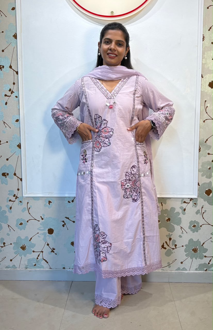 Lavender Whisper Embroidered Cotton Kurti Set with Mul Cotton Dupatta