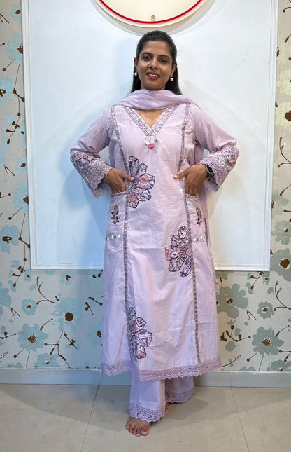 Lavender Whisper Embroidered Cotton Kurti Set with Mul Cotton Dupatta