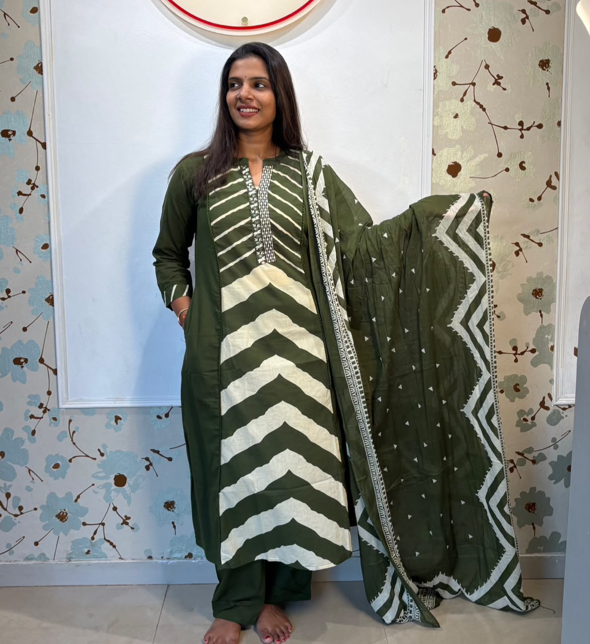 Olive Chevron A-Line Cotton Kurti Set with Printed Dupatta