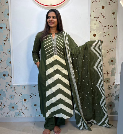 Olive Chevron A-Line Cotton Kurti Set with Printed Dupatta