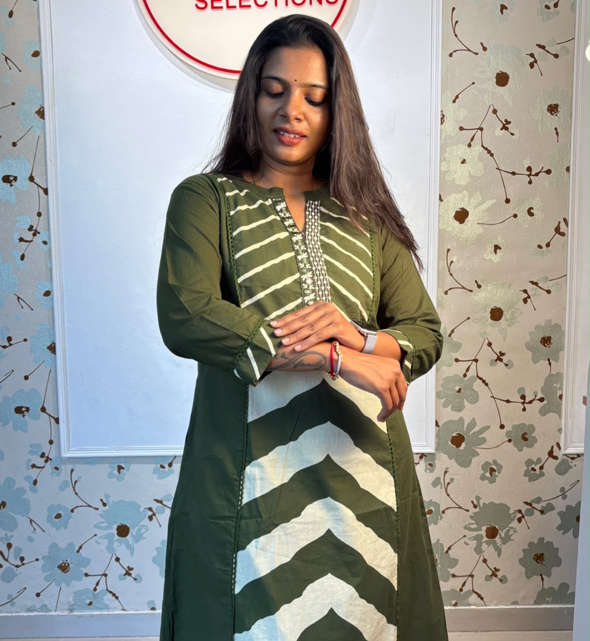Olive Chevron A-Line Cotton Kurti Set with Printed Dupatta