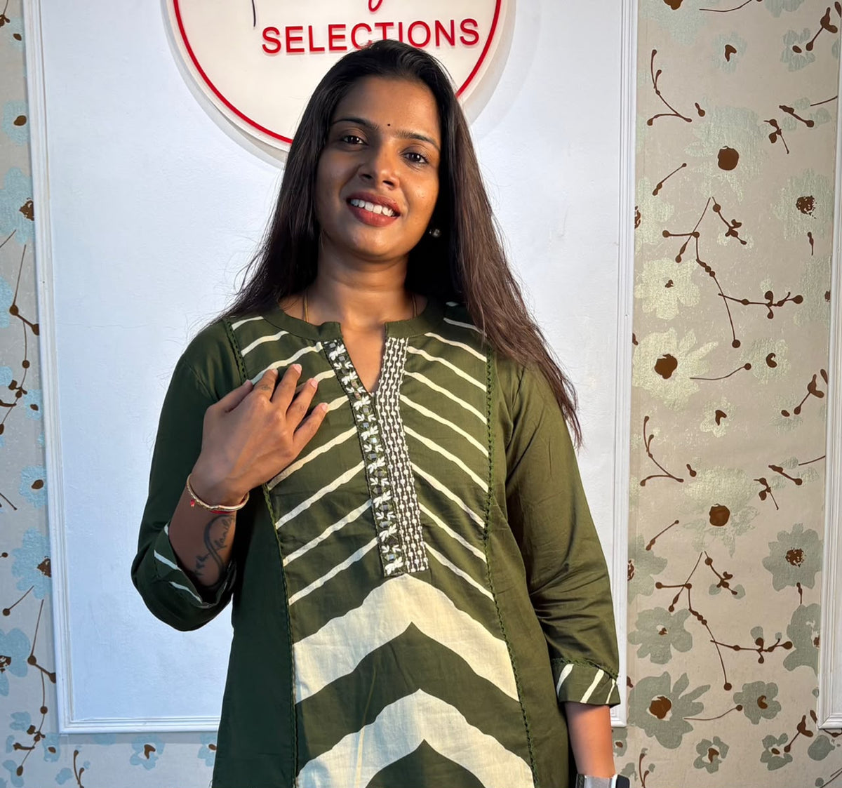 Olive Chevron A-Line Cotton Kurti Set with Printed Dupatta