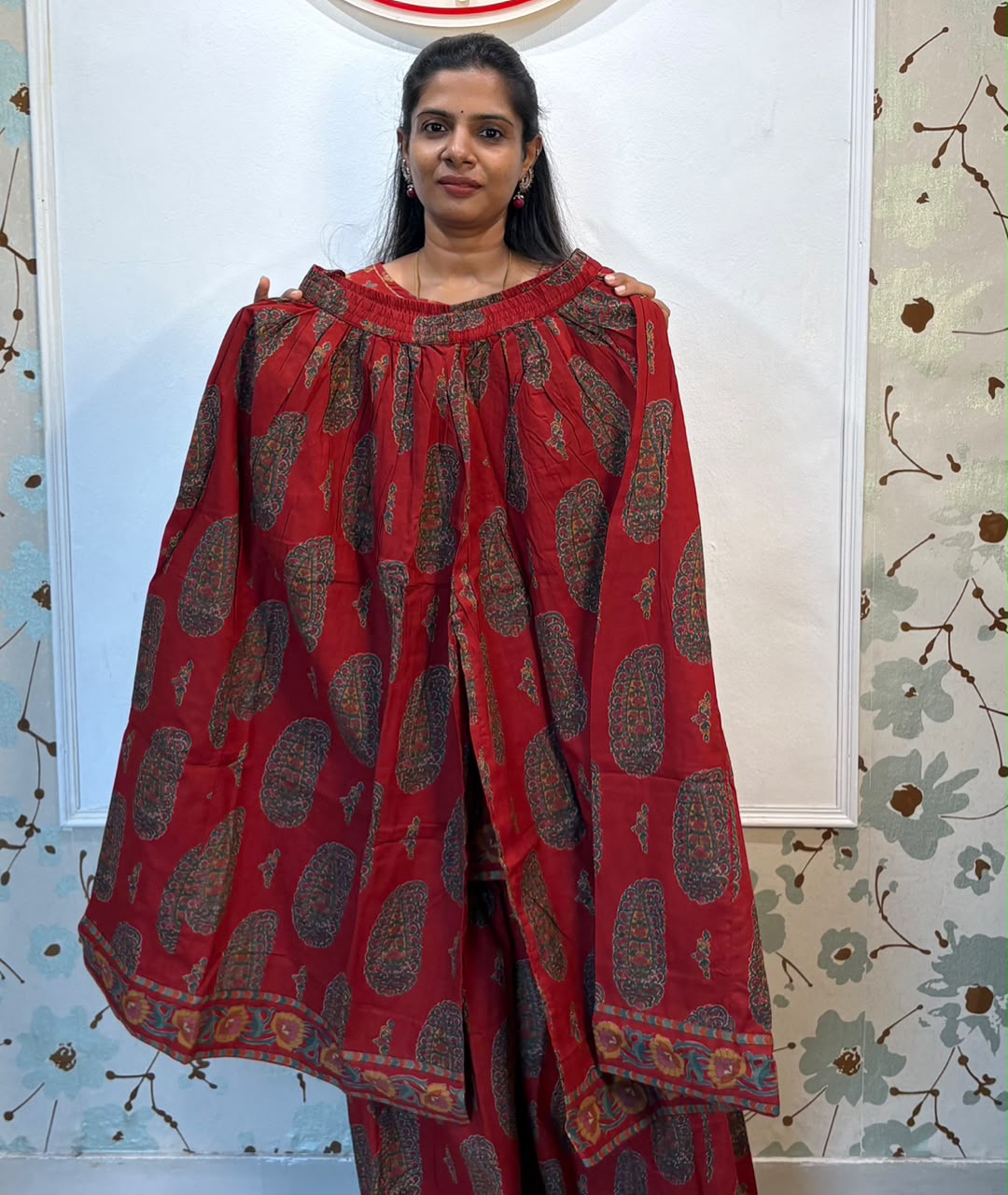 Crimson Bloom Full Flare Palazzo Kurti Set with Dupatta