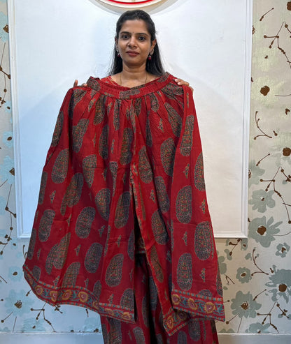 Crimson Bloom Full Flare Palazzo Kurti Set with Dupatta