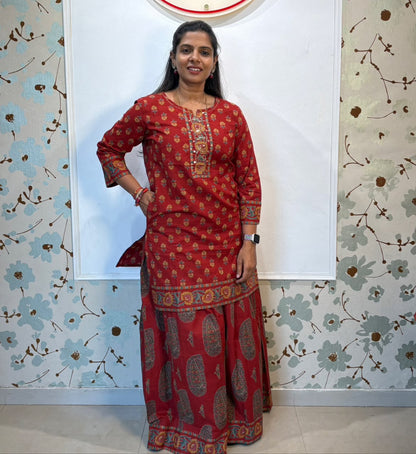 Crimson Bloom Full Flare Palazzo Kurti Set with Dupatta