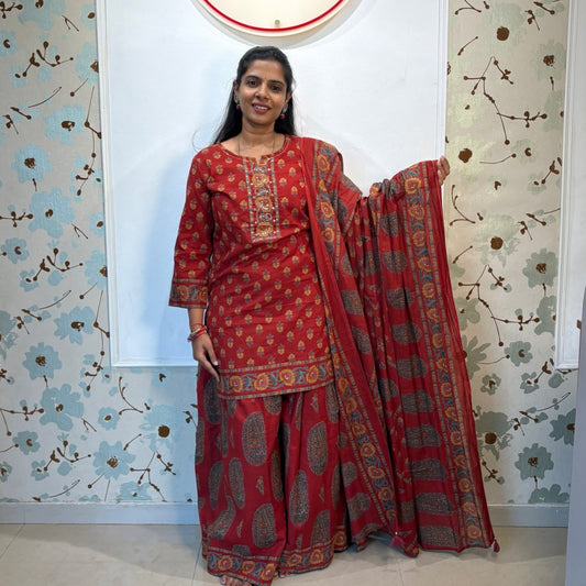 Crimson Bloom Full Flare Palazzo Kurti Set with Dupatta