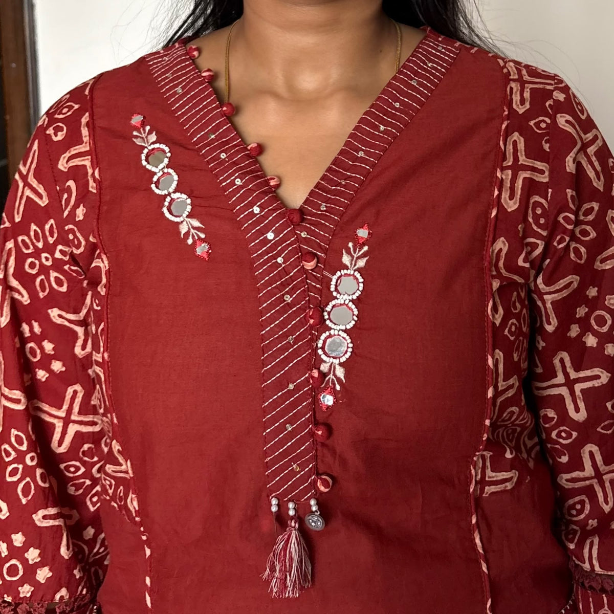 Mehira Deep Rust Mirror-Work Cotton Kurta Set