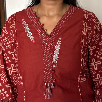Mehira Deep Rust Mirror-Work Cotton Kurta Set