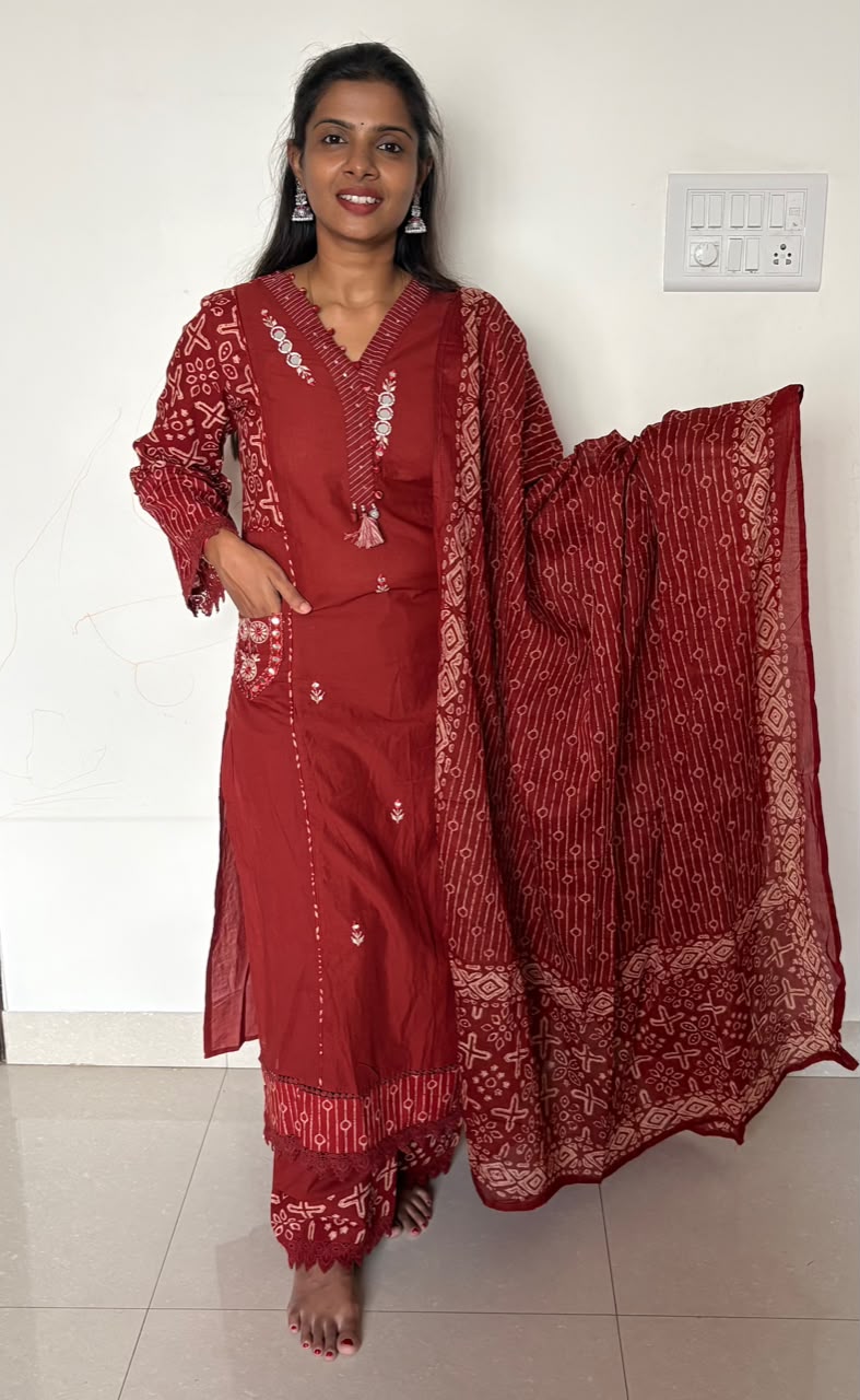 Mehira Deep Rust Mirror-Work Cotton Kurta Set