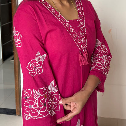 Gulnaar Rani Pink Real Mirror-Work Cotton Kurti Set
