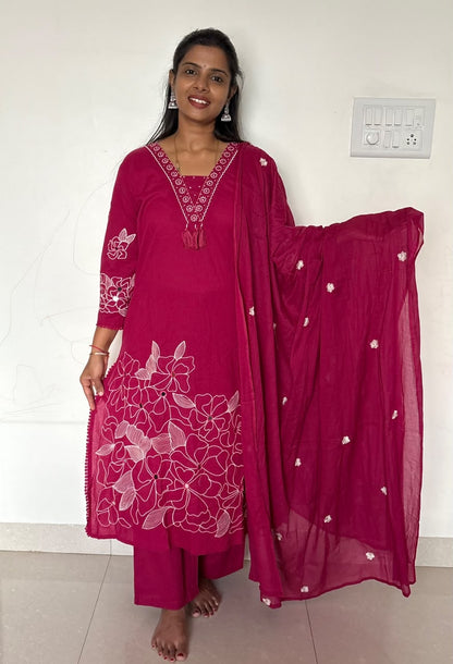 Gulnaar Rani Pink Real Mirror-Work Cotton Kurti Set