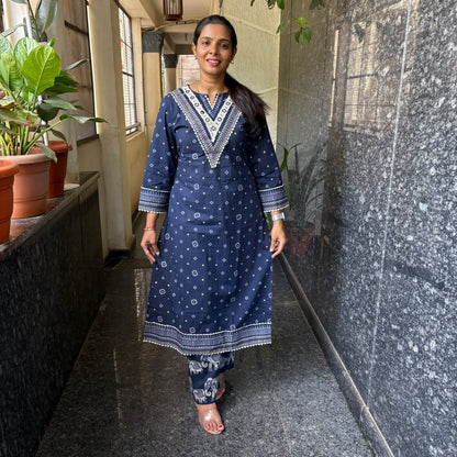 Royal Blue Elephant-Print Cotton Kurta Set