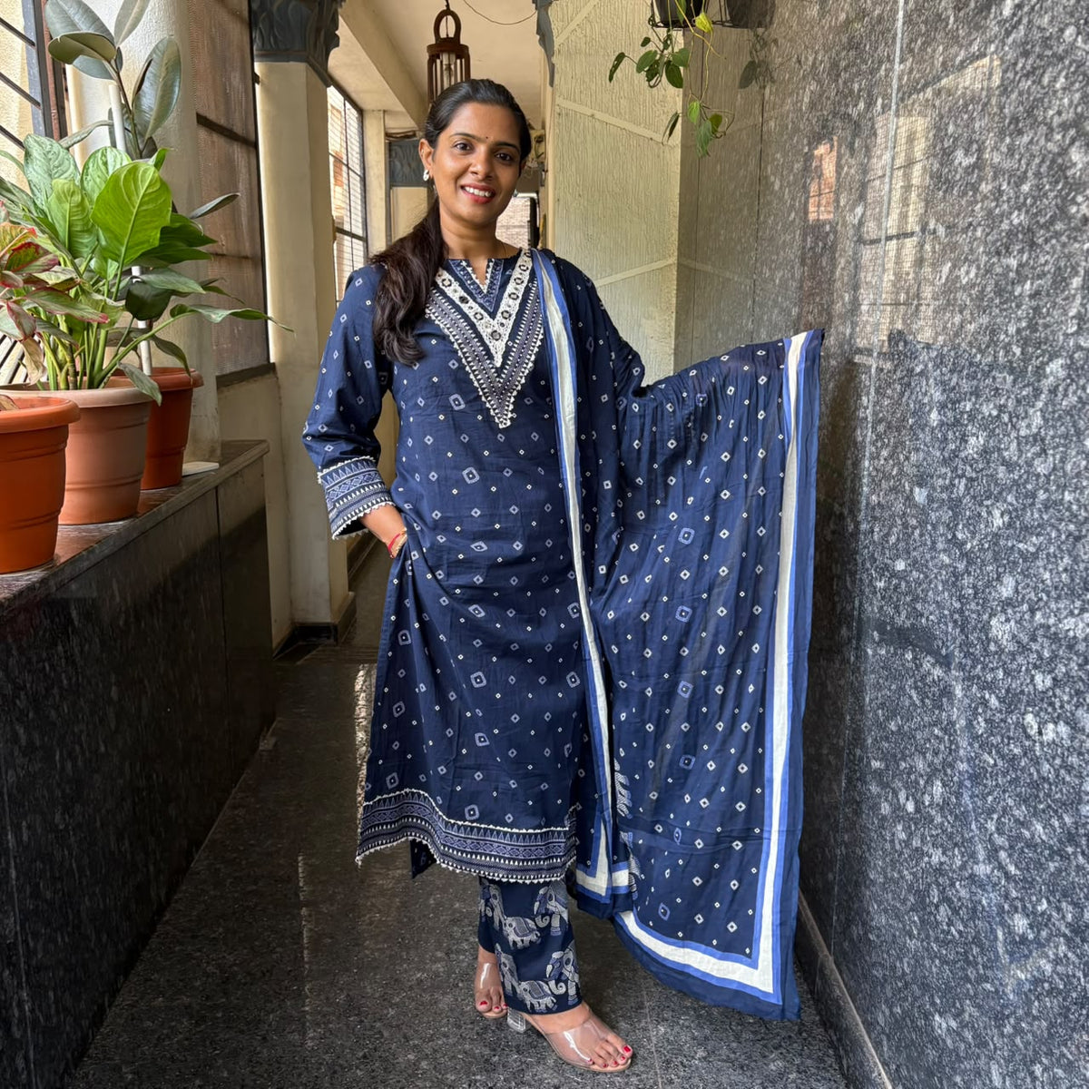 Royal Blue Elephant-Print Cotton Kurta Set