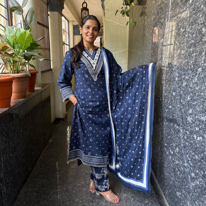 Royal Blue Elephant-Print Cotton Kurta Set