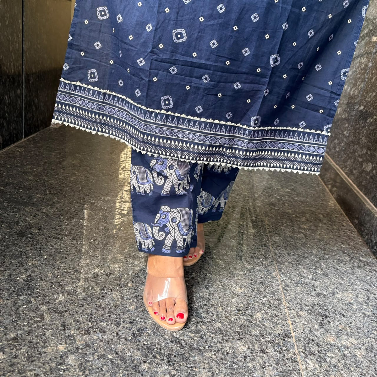 Royal Blue Elephant-Print Cotton Kurta Set